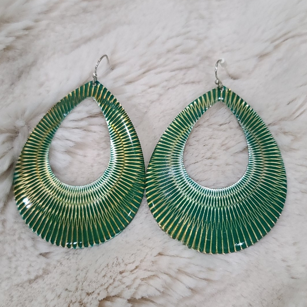 EUC Green Enamel and Metal Earrings
